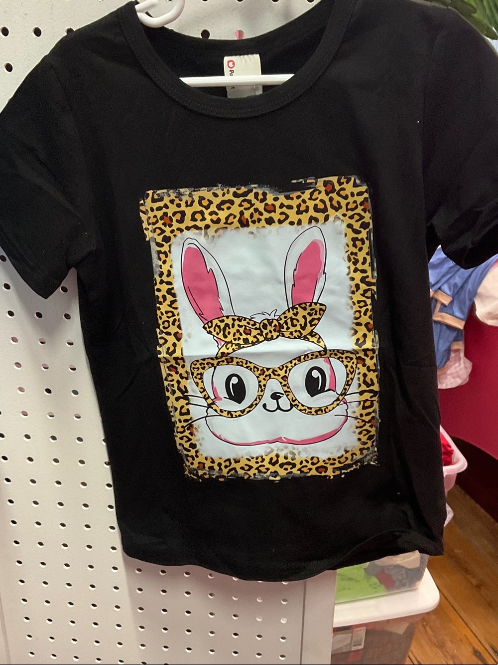 PatPat Black Tee with Leopard Bunny Graphic and Pink Accents